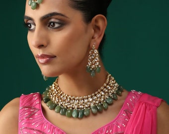 Green Gold Plated Kundan Necklace/ Kundan Necklace Set/ Ethenic Jewelry Set/ Green Kundan Necklace With Jhumka Earrings/ Necklace Set