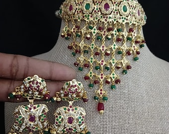 Punjabi Jadau Goldnecklace set/Hyderabadi Jadau/Indian jewelry/Gold plated/Kundan jewelry/Pearl/Traditional Jadau/Gold Necklace/Pakistani