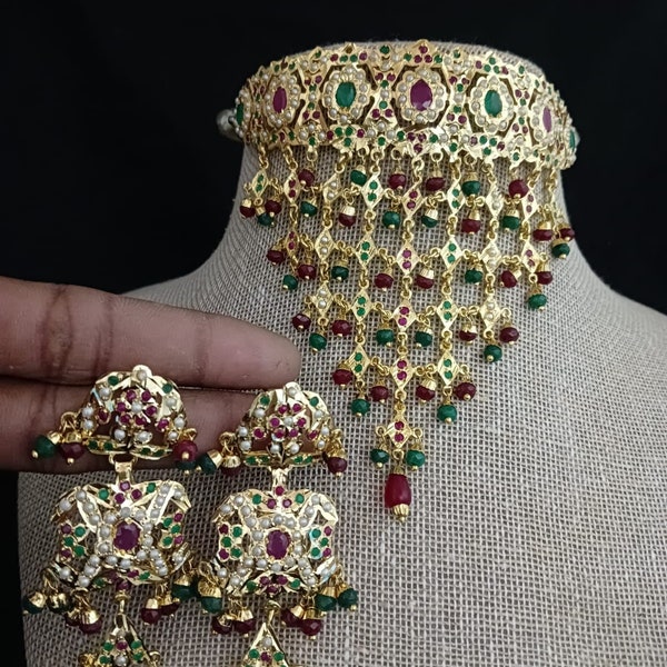 Punjabi Jadau Goldnecklace set/Hyderabadi Jadau/Indian jewelry/Gold plated/Kundan jewelry/Pearl/Traditional Jadau/Gold Necklace/Pakistani