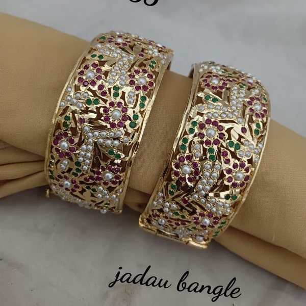 A pair of antique Gold finished Kada /bracelets/ Wedding bangles/ bangle/Jadau Bangles in Gold Plated,crafted with Traditional Indian Jadau