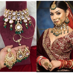 Fine Quality Gold Plated Bollywood Inspired Emerald Green kundan Set With Jhumka Earrings and Maangtikka nath /Sabyasachi Inspired Jewelry