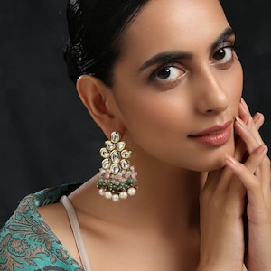 Jadau Kundan Earrings/ Indian Earrings/ Indian Jewelry/ Pakistani Jewelry/ Bollywood Earrings/ Ling kundan earrings with Sahare/ Sabyasachi