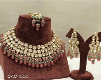Conjunto de gargantilla verde de diseñador Jadau Kundan / Joyería nupcial india / Joyería de boda / Joyería Polki / Conjunto Mangtika / Joyería Kundan