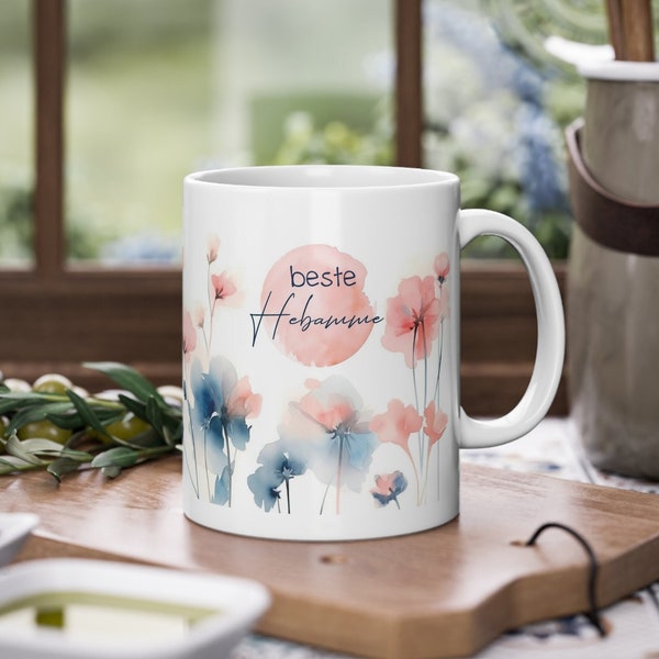 Tasse Geschenk Hebamme Danke Tasse Blumen in Wasserfarbe blau und rosa