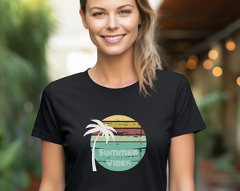 Summer Vibes T-Shirt for Women Retro Sunset Palm Tree, Good Mood T-Shirt Retro Font Shirt Beach, Retro Sun T-Shirt