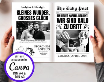 May include: A black and white newspaper announcement with the headline "The Baby Post" and the text "Ein neues Kapitel beginnt: Wir sind bald zu dritt."  The announcement also includes a photo of a couple holding an ultrasound image and the text "Coming April 2024!"