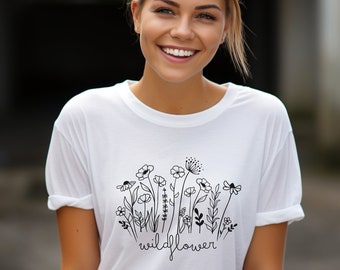 Wildblumen Tshirt für Damen lineart, Blumen T-Shirt minimalist Geschenk für sie, Shirt Blumen Illustration