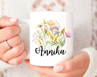 Personalized mug with name wildflowers, individual mug personalized birthday, mug with flowers, birthday gift flower mug