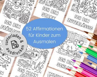 52 Affirmationskarten für Kinder zum Ausmalen, Geschenk Mutmacher zum Ausdrucken, Malbuch DIN A4 Affirmationskarten Kinder, Download PDF