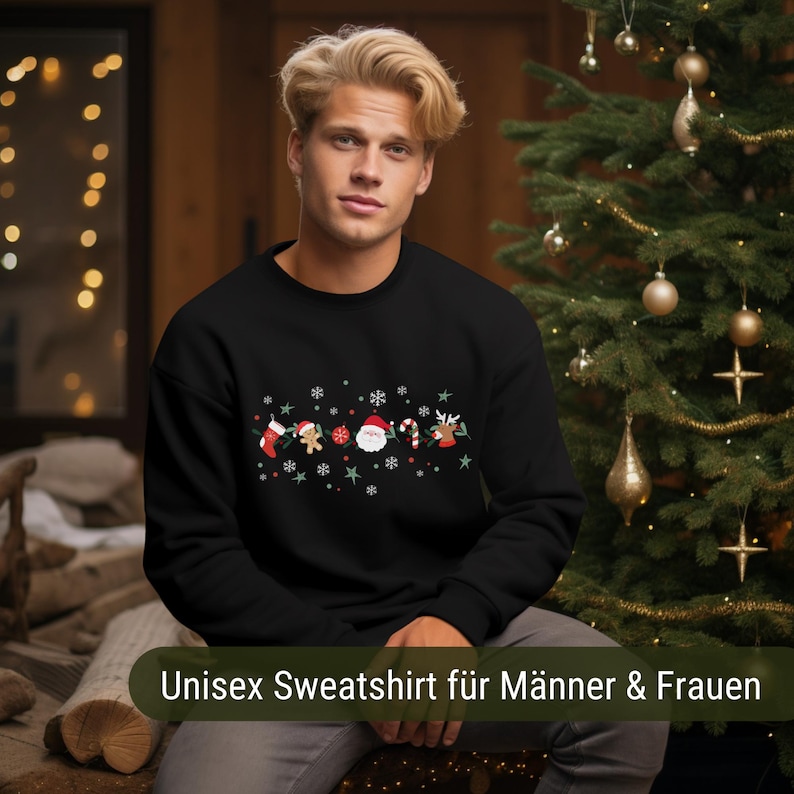 May include: Black sweatshirt with a festive Christmas design featuring a Santa Claus face, gingerbread man, candy canes, and snowflakes. The sweatshirt has a crew neck and long sleeves. The text "Unisex Sweatshirt" is at the bottom of the image.