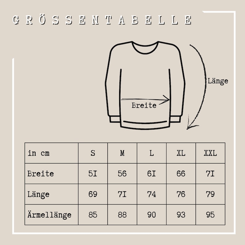 May include: A size chart in German, with the title "GR&Ouml;SSENTABELLE" at the top. The chart shows measurements in centimeters for a long-sleeved shirt, including width, length, and sleeve length, with sizes ranging from S to XXL.