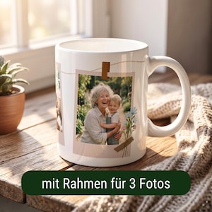 Può includere: Una tazza in ceramica bianca con un design stampato di tre cornici portafoto appese a un filo. La cornice centrale mostra una fotografia di una persona anziana che tiene in braccio un bambino piccolo, decorata con una piccola illustrazione di fiori blu e rosa.
