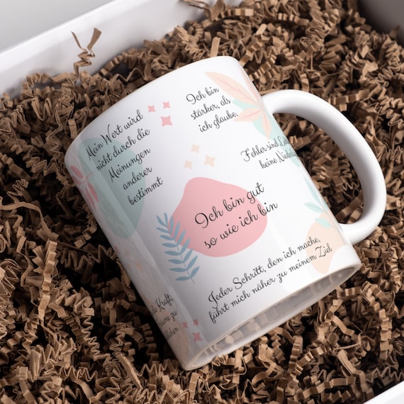 Tasse positiver Start in den Tag, Mental Health und Wertschätzung, schönes Geschenk für Freundin, Beste Freundin Geschenk Kollegin pastell
