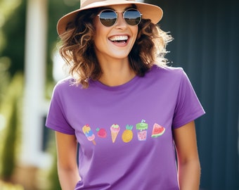 Happy summer t-shirt for women with watercolor print, watermelon ice cream shirt, good mood t-shirt for women