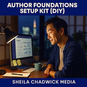 Könnte beinhalten: Ein Mann sitzt an einem Schreibtisch, beleuchtet von einer Schreibtischlampe, und betrachtet einen Computerbildschirm. Der Bildschirm zeigt das Wort "Author" und Diagramme. Der Text oben lautet "AUTHOR FOUNDATIONS SETUP KIT (DIY)" und unten "SHEILA CHADWICK MEDIA". Eine Tasse und ein Notizblock liegen auf dem Schreibtisch.