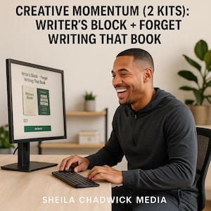 May include: A computer screen displays two book covers: "Write's Block" and "Forget Writing That Book." The screen also shows the price of $23 and a button that says "Add to Cart." The image includes the text "CREATIVE MOMENTUM (2 KITS): WRITER'S BLOCK + FORGET WRITING THAT BOOK."