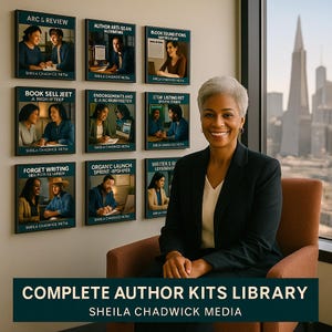Könnte beinhalten: Eine Frau in einem schwarzen Blazer lächelt vor einer Wand mit gerahmten Postern. Die Poster zeigen Text wie "ARC & REVIEW" und "COMPLETE AUTHOR KITS LIBRARY SHEILA CHADWICK MEDIA" in weißer Schrift auf dunklem Hintergrund.