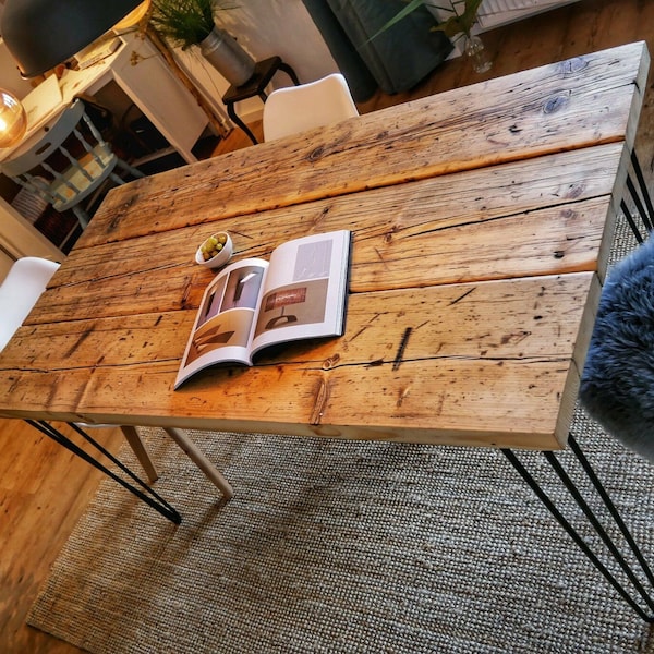 Tisch Esstisch handgefertigt aus alten Massivholz Bohlen, Bohlentisch, Modell Hairpin schwarz