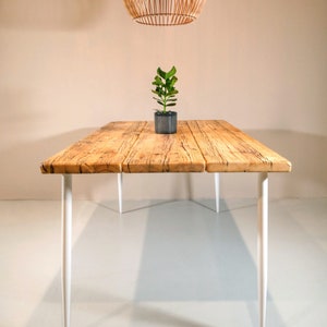 Table dining table handmade from old solid wood planks, plank table, model Conical white