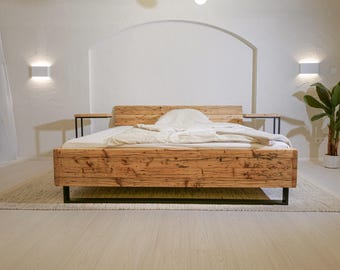 Bed handmade from old solid wood planks, model Steel