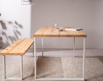 Table dining table handmade from old solid wood planks, plank table, model runners white