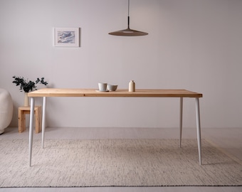 Table dining table handmade from old solid wood planks, plank table, model Conical white