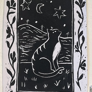 Cat under the stars Lino Print
