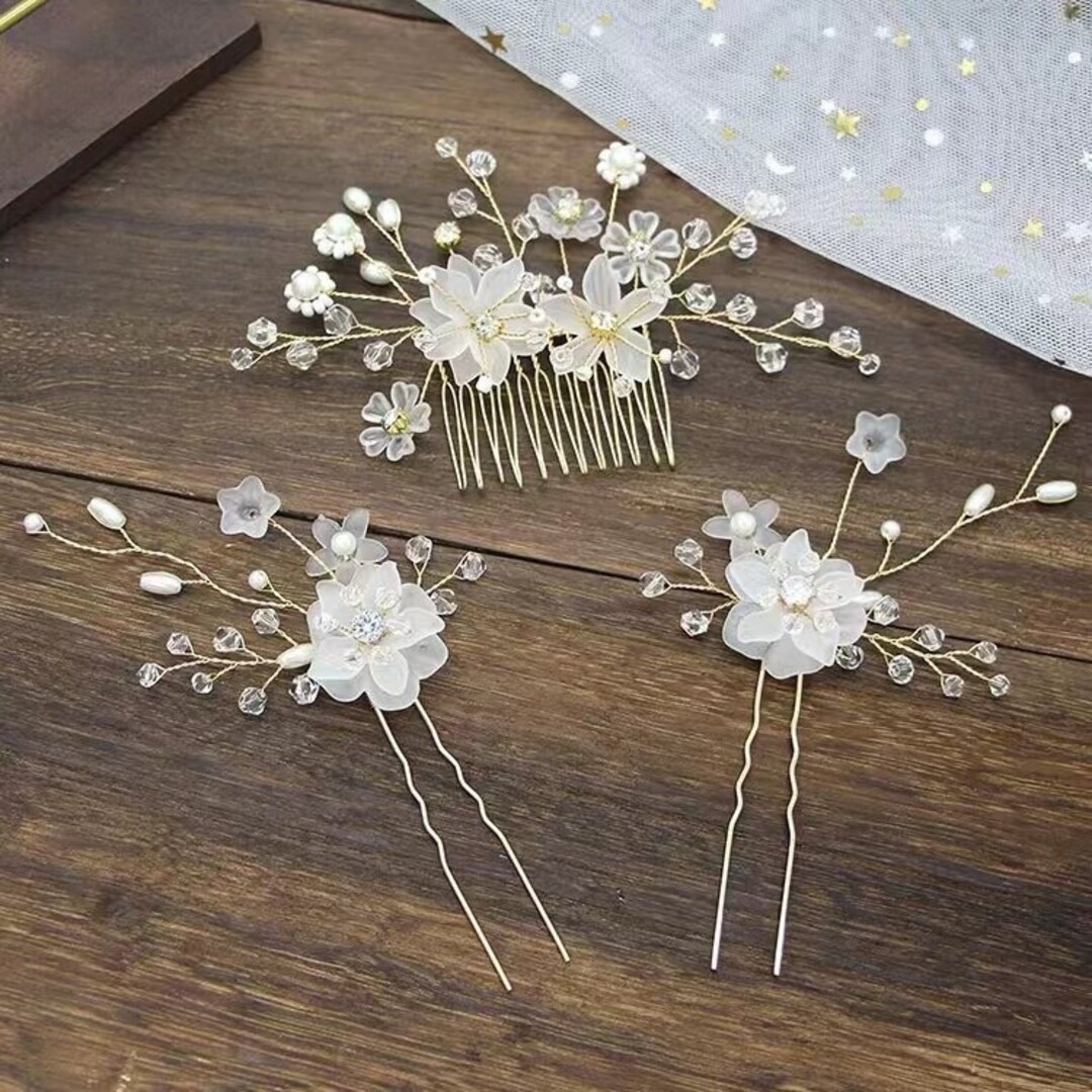 Flower Bridal Hair Piece, Wedding Hair Pins, Hair Accessories Set, Pearl Hair Comb, Wedding Hair