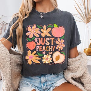 Just Peachy Comfort Colors T-Shirt, Cute Retro Graphic Tee, Peach Aesthetic Shirt for Women, Cottagecore Floral Southern Girl Gift