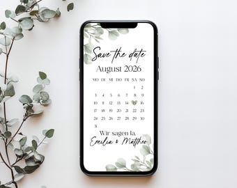 May include: A smartphone displays a wedding invitation with the text "Save the date August 2026." The calendar shows the month of August. The invitation is decorated with floral elements and the names "Emilia & Mattheo."