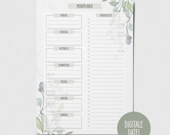 Menu planner, meal planner, weekly planner, shopping list, digital, download