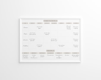 Könnte beinhalten: Ein gerahmter Familienwochenplaner mit weißem Hintergrund und Rasterlayout. Der Planer enthält Abschnitte für jeden Wochentag mit handschriftlichem Text, der tägliche Aktivitäten und Essenspläne detailliert. Der Text ist auf Deutsch.