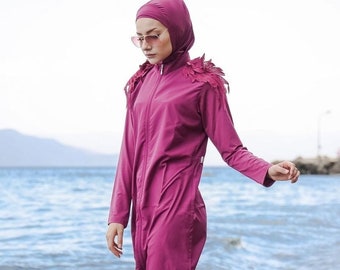 Burkini, Modest Swimwear, Hijab Swimsuit, Summer Dresses Women, Gift for Her, Islamic Gift, Full Coverage, Long Sleeve, Zippered Plum