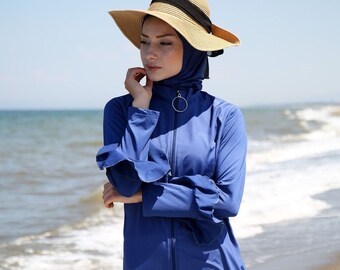 Burkini, Modest Swimwear, Hijab Swimsuit, Summer Dresses Women, Gift for Her, Islamic Gift, Full Coverage, Long Sleeve, Navy Blue Zippered