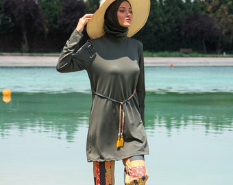 Modest Swimwear Set, Khaki Colour, 3 Piece Burkini, Long Sleeve, Fully Covered, Modern, High Quality Islamic Swimsuit, Summer Dresses Women