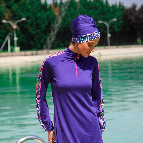 Modern Burkini, Summer Dresses Women, Modest Swimwear, Sleeves Patterned, 3 Piece, Long Sleeve, Fully Covered, High Quality Islamic Swimsuit