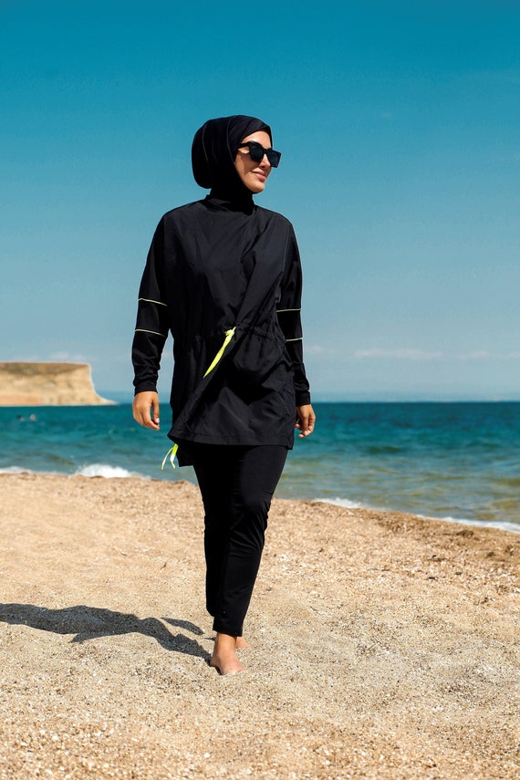 Burkini, Summer Dresses Women, Modest Swimwear Set ,parachute Fabric , Neon  Piping, Long Sleeve, Modern,high Quality Islamic Swimsuit 