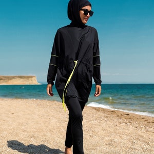 Burkini, Summer Dresses Women, Modest Swimwear Set ,Parachute Fabric , Neon Piping, Long Sleeve, Modern,High Quality Islamic Swimsuit image 2