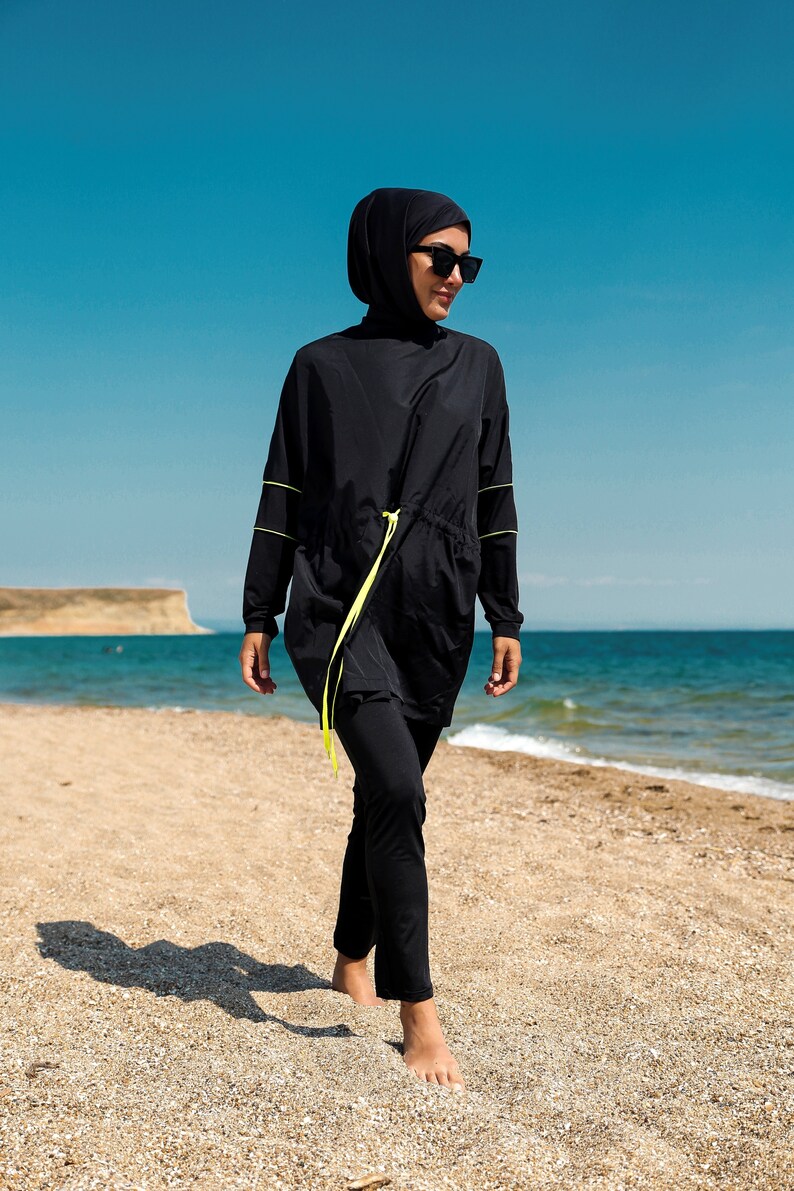 Burkini, Summer Dresses Women, Modest Swimwear Set ,Parachute Fabric , Neon Piping, Long Sleeve, Modern,High Quality Islamic Swimsuit image 2