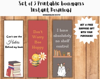 Set of 3 bookmarks, Printable bookmarks, digital download, books, bee, cat, shelf, white, red, grey, PDF file, Instant download, gift