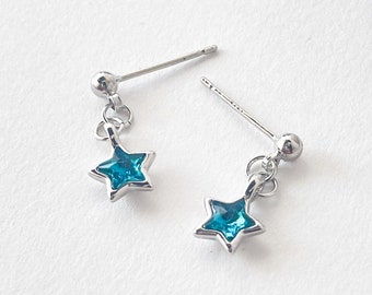 Dainty Tiny Blue Stars Dangle Drop Earrings - Aesthetic Shiny Stars Women Dangle Earrings - Girls Everyday Cute Stars Drop Earrings Gifts -