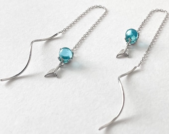Trendy Long Tails Blue Gemstone Threader Earrings - Ocean 925 Sterling Silver Long Threader Earrings  - Girls Bright Threader Earrings Gift