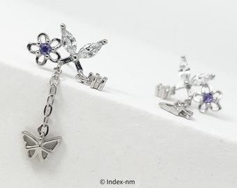 Delicati orecchini pendenti con gemme di fiori e farfalle in argento sterling - Orecchini unici per ragazze con farfalle pendenti per donne - Orecchini decorativi regalo per lei