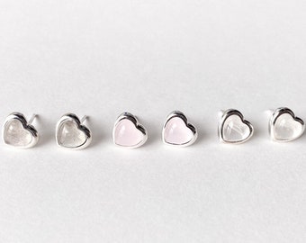 Aesthetic Labradorite&Crystal Grey/Pink/White Heart Stud Earrings - 925 Sterling Silver Stone Heart Stud Earring - Cute Earring Gift For Her