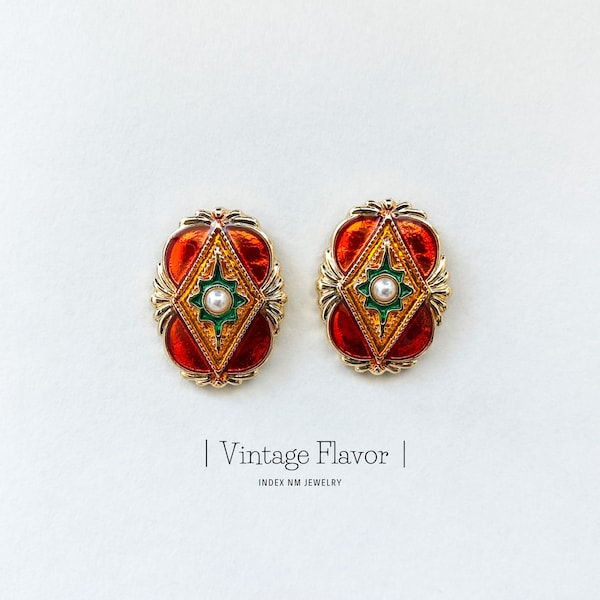 Unique Enamel Medieval Gemstone Vintage Stud Earrings - Classic Medieval Jewelry Stud Earrings For Women - Retro Medieval Jewelry Gift