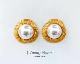 Gold Circle Large Pearl Vintage Stud Earrings - Retro 80s/90s Large Earrings For Women - Simple Pearl Circle Earrings Gift - Vintage Jewelry