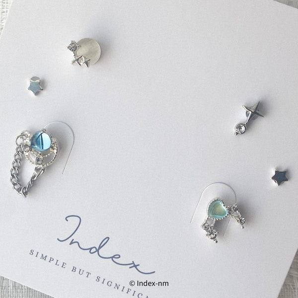 Shiny Silver Stars & Celestial Asymmetrical Stud Earrings Set For 3 - Aesthetic Silver Unique Earrings Set - Dainty Women Earrings Set Gift