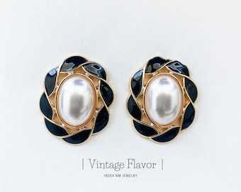 Grandes boucles d'oreilles vintage noires avec perles - Grandes boucles d'oreilles simples pour femme - Boucles d'oreilles rétro des années 80/90 avec perles pour femme - Bijoux vintage