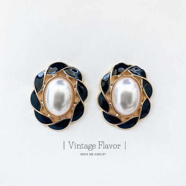 Black Large Pearl Vintage Stud Earrings - Simple Large Earrings For Women - Retro 80s / 90s Pearl Earrings Gift For Women - Vintage Jewelry