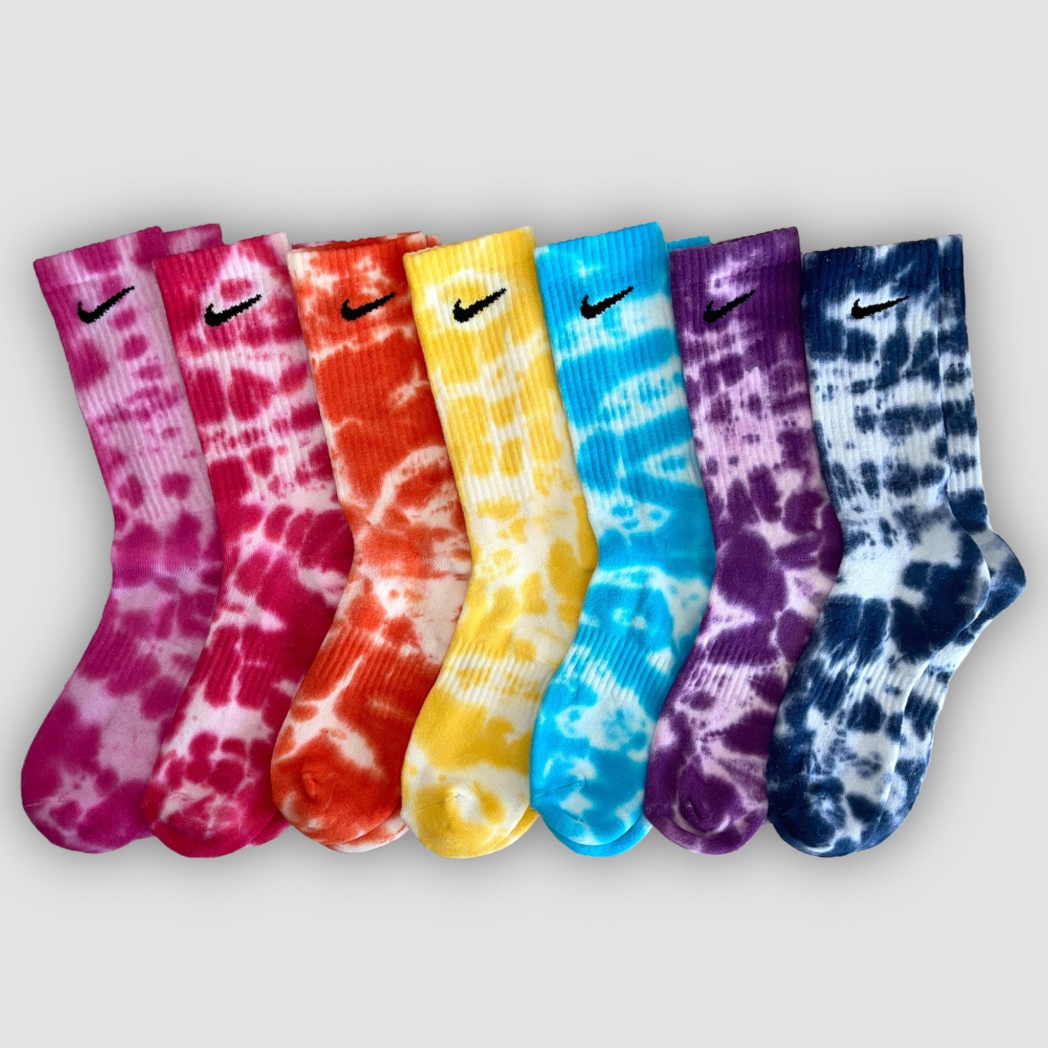 Tiedye Nike Socks, Dyed by Hand, Pink, Red, Orange, Yellow, Blue, Purple, Navy, Tiedye